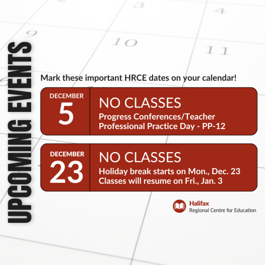 No classes on Dec. 5 and 23